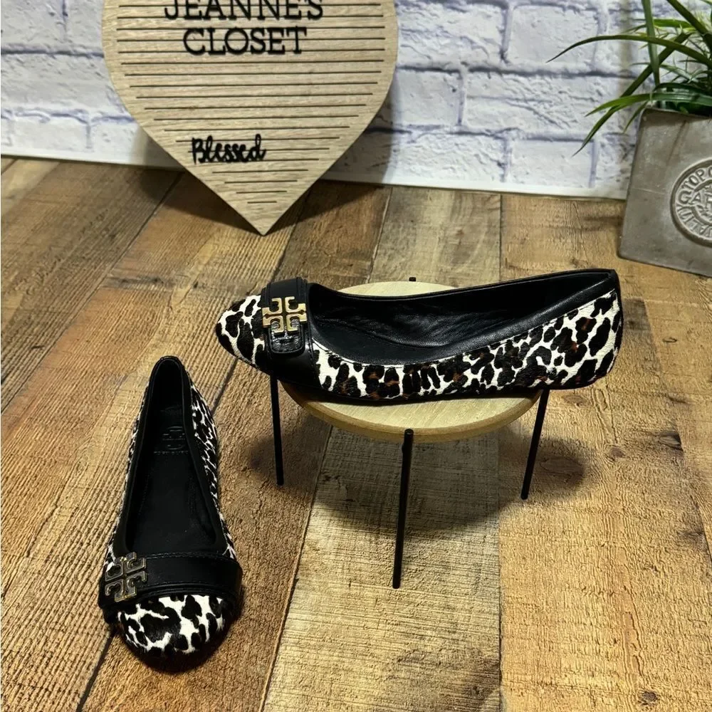 Tory Burch Eloise 2 Calf Hair Ballet Flats Shoes Leopard Black Size 6.5 M